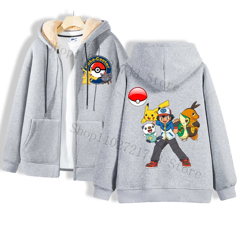 Grey hoodie featuring a white inner lining. The front displays a Poke-Center logo with a Pokeball, and the back highlights four images of Pikachu in different outfits, accompanied by the word Pokémon. An ideal addition for any Pokémon enthusiast or Takara Tomy collector from Jstoremart.