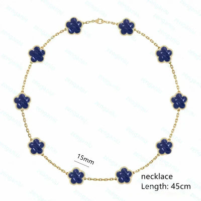 The Jstoremart vintage-inspired jewelry set boasts elegant silver gold-plated pieces adorned with blue clover-shaped stones. The collection comprises a 45cm necklace, a 19cm bracelet, earrings, and a ring. Each clover piece is 15mm in size, offering a timeless touch of style.