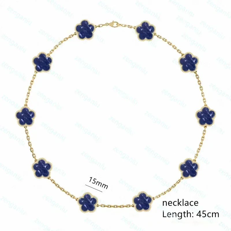 The Jstoremart vintage-inspired jewelry set boasts elegant silver gold-plated pieces adorned with blue clover-shaped stones. The collection comprises a 45cm necklace, a 19cm bracelet, earrings, and a ring. Each clover piece is 15mm in size, offering a timeless touch of style.