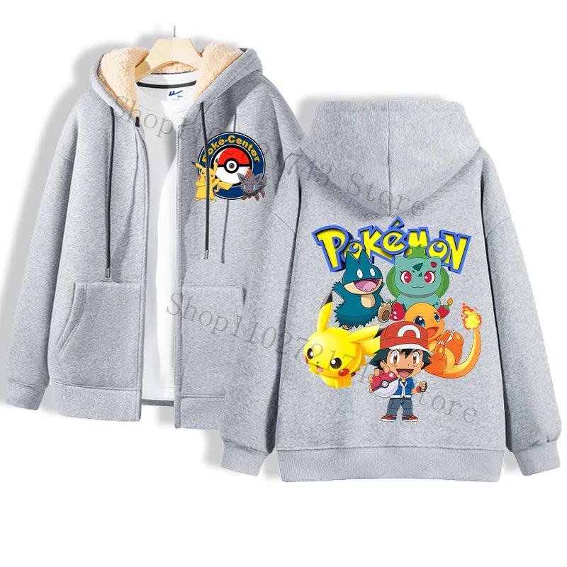 A cozy gray hoodie from Jstoremart showcases a Pokemon Center logo on the front, with charming Pikachu illustrations dressed in various costumes, reminiscent of playful puppets, adorning the back. It's layered over a white shirt, both elegantly displayed on a wooden hanger.