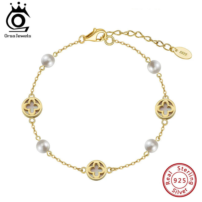 5mm Round Shell Bracelet 14K Gold Plated 925 Sterling Silver Four-leaf Flower Chain Bracelets