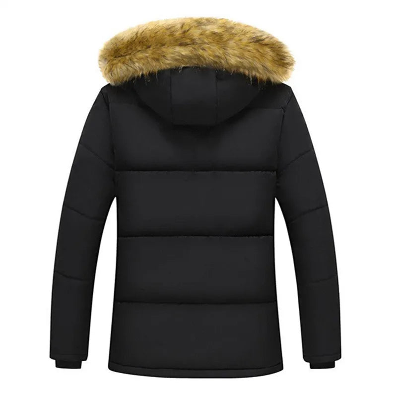 New Men Winter Fleece Jacket Thick Warm Hooded Fur Collar Coat Solid Color Outerwear Mens Clothing 