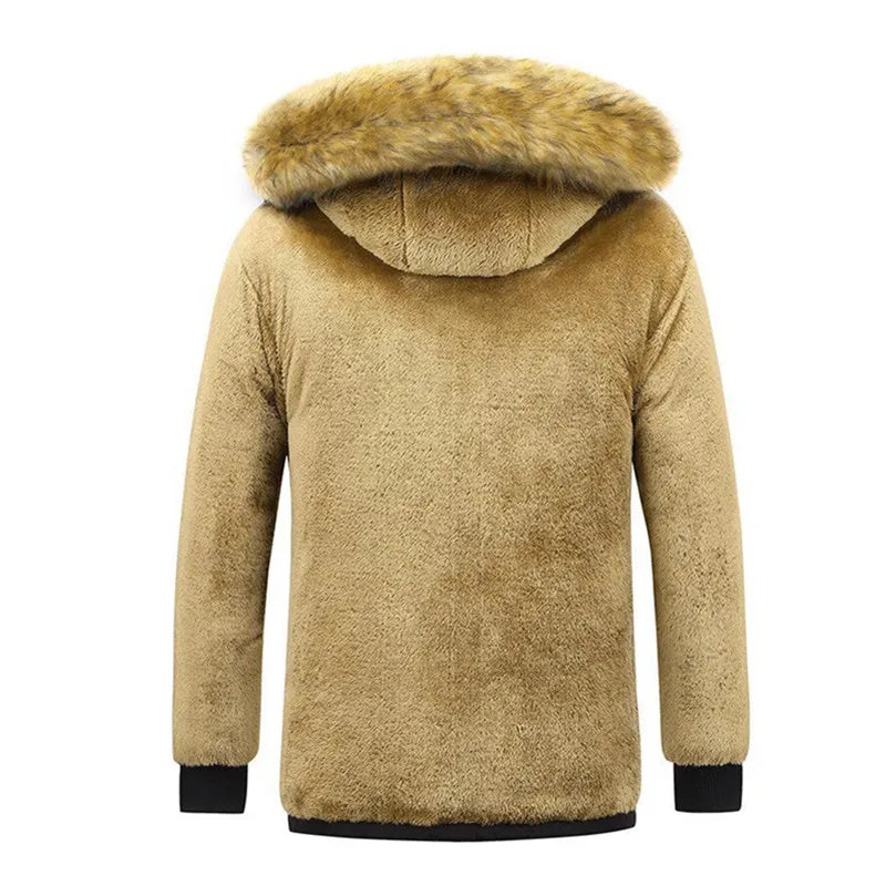 New Men Winter Fleece Jacket Thick Warm Hooded Fur Collar Coat Solid Color Outerwear Mens Clothing 