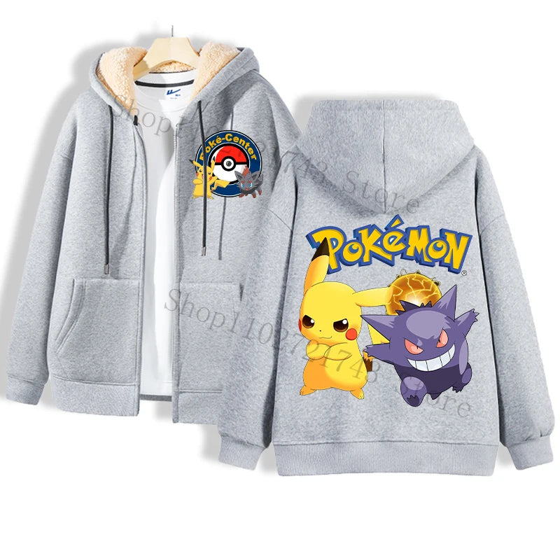 A gray hoodie from Jstoremart featuring a cozy lamb wool interior on a hanger. The front is adorned with a small Pokémon logo on the chest, while the back displays four cartoon characters, including Pikachu, each wearing themed hats above a large Pokémon logo.