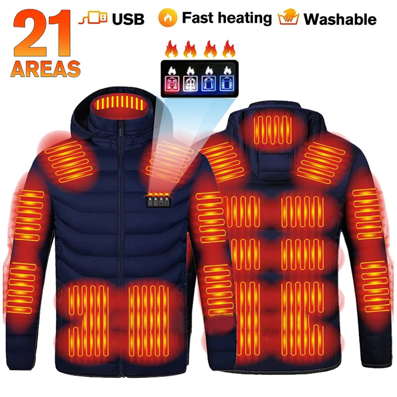 21 Areas Men Heating Jackets USB Hooded Heated Jacket Women Warm Vest Hiking Camping Winter Outdoor Heated Clothing Windproof 