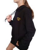 A black J-clothing winterwear hooded sweatshirt featuring a small yellow logo on the chest is shown on a grid background with three yellow arrows, a shocked face emoji, and J-CLOTHING at the top.