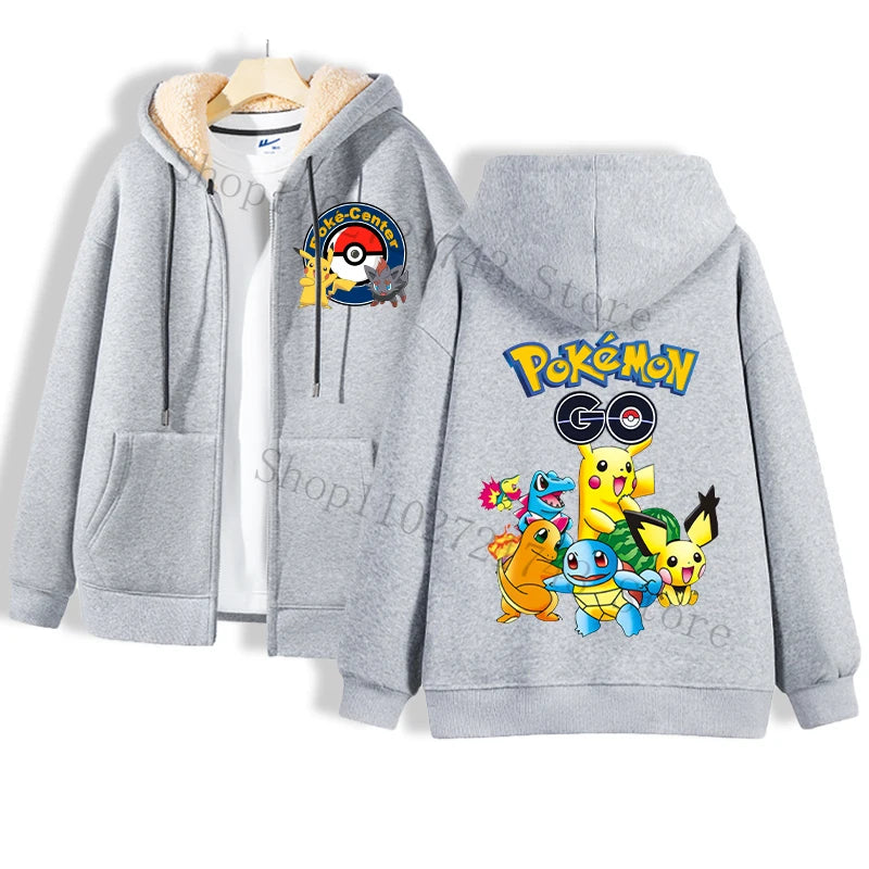 A cozy gray hoodie from Jstoremart showcases a Pokemon Center logo on the front, with charming Pikachu illustrations dressed in various costumes, reminiscent of playful puppets, adorning the back. It's layered over a white shirt, both elegantly displayed on a wooden hanger.