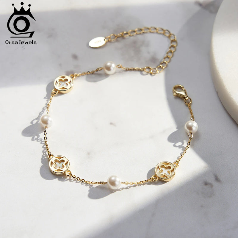 5mm Round Shell Bracelet 14K Gold Plated 925 Sterling Silver Four-leaf Flower Chain Bracelets