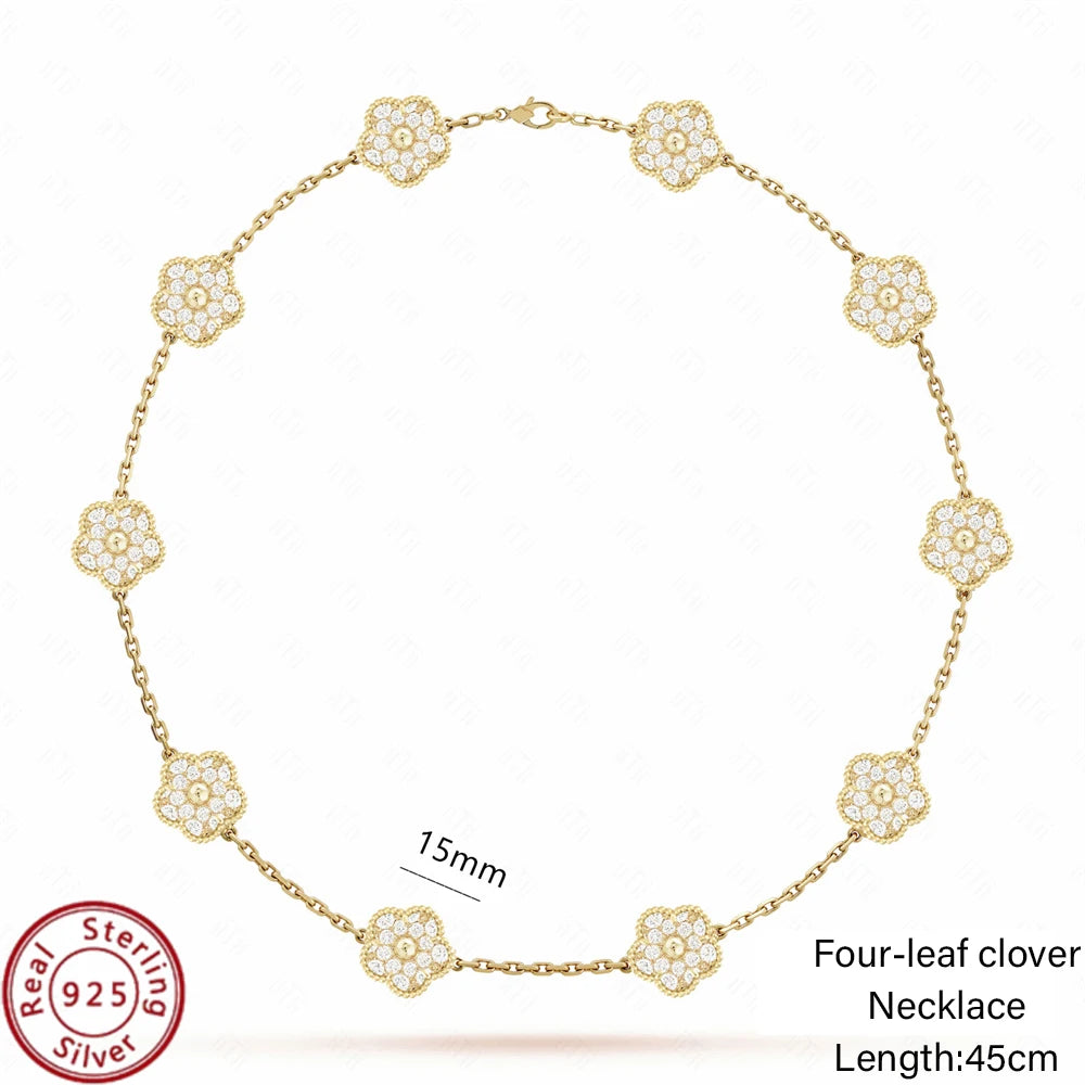 Jstoremart presents a beautiful set of four bracelets arranged in a grid, ideal for weddings or engagements. Each bracelet features distinctive charms: gold flowers, white flowers, blue flowers, and delicate white clovers. The elegance is further enhanced by the Real 925 Sterling Silver stamp on each piece.