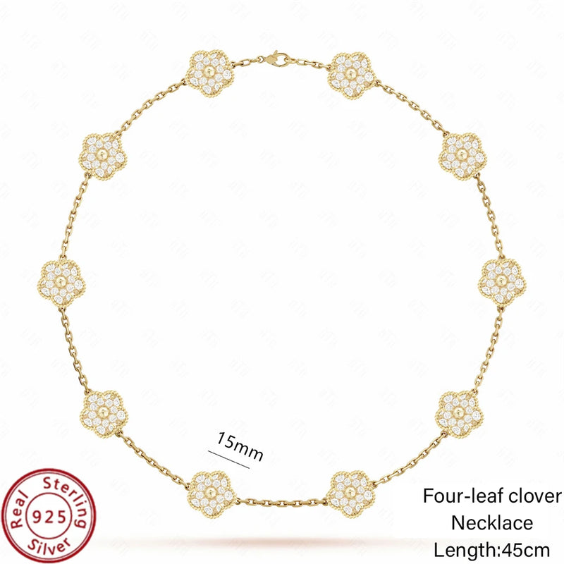 Jstoremart presents a beautiful set of four bracelets arranged in a grid, ideal for weddings or engagements. Each bracelet features distinctive charms: gold flowers, white flowers, blue flowers, and delicate white clovers. The elegance is further enhanced by the Real 925 Sterling Silver stamp on each piece.