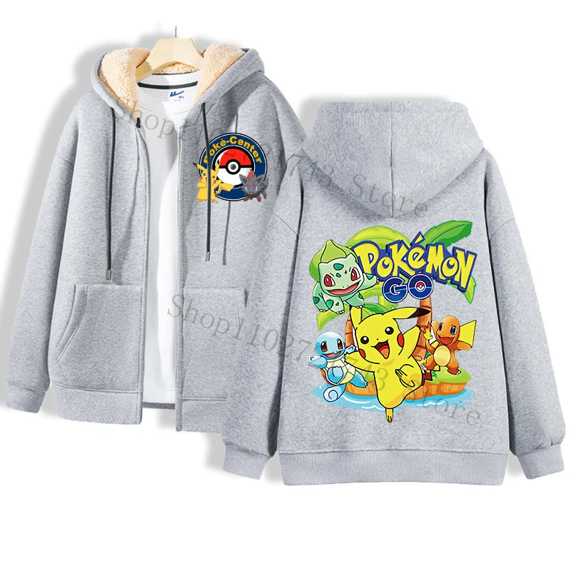 Experience the Jstoremart gray hoodie, expertly crafted from soft lamb wool with a windproof design. It features a Poké Ball on the front and a collage of Pikachu in various costumes on the back, where "Pokémon" is printed beneath the images. This cozy essential also includes two pockets and subtly reveals a white shirt underneath.