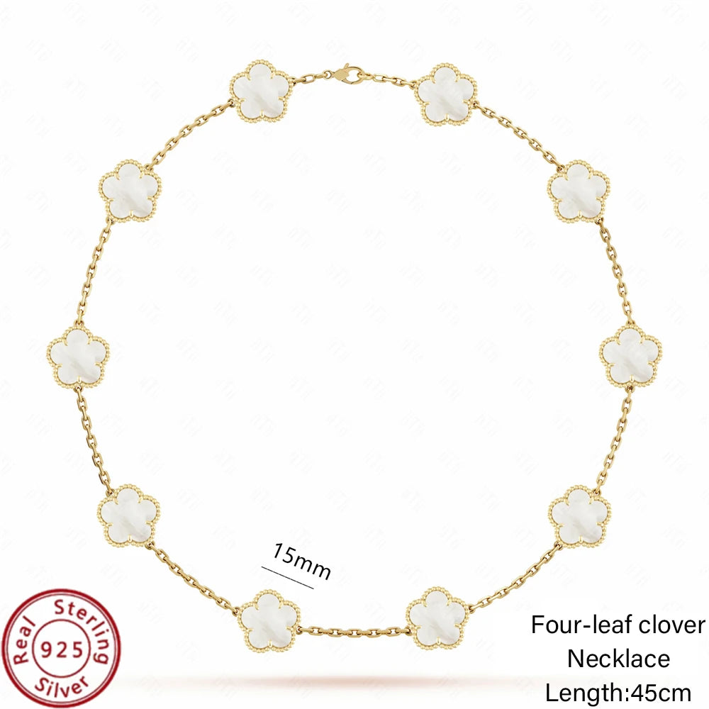 Jstoremart presents a beautiful set of four bracelets arranged in a grid, ideal for weddings or engagements. Each bracelet features distinctive charms: gold flowers, white flowers, blue flowers, and delicate white clovers. The elegance is further enhanced by the Real 925 Sterling Silver stamp on each piece.