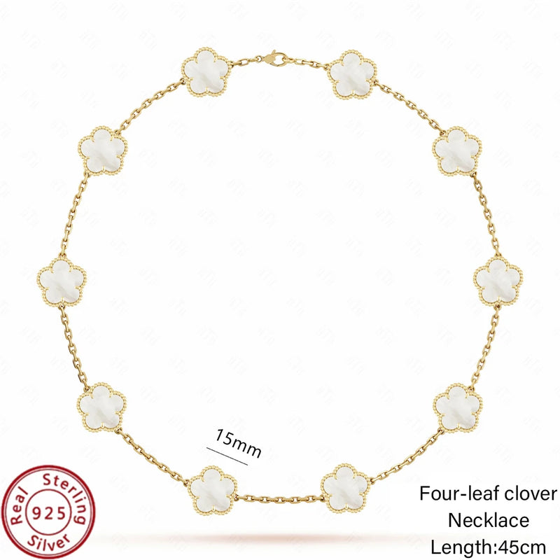 Jstoremart presents a beautiful set of four bracelets arranged in a grid, ideal for weddings or engagements. Each bracelet features distinctive charms: gold flowers, white flowers, blue flowers, and delicate white clovers. The elegance is further enhanced by the Real 925 Sterling Silver stamp on each piece.