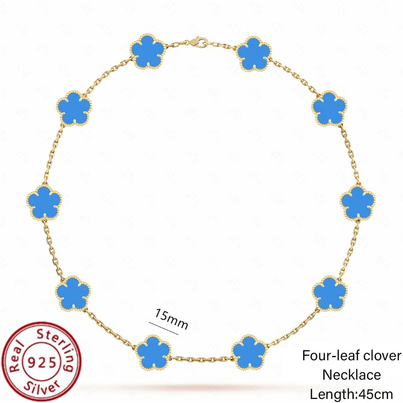 Jstoremart presents a beautiful set of four bracelets arranged in a grid, ideal for weddings or engagements. Each bracelet features distinctive charms: gold flowers, white flowers, blue flowers, and delicate white clovers. The elegance is further enhanced by the Real 925 Sterling Silver stamp on each piece.