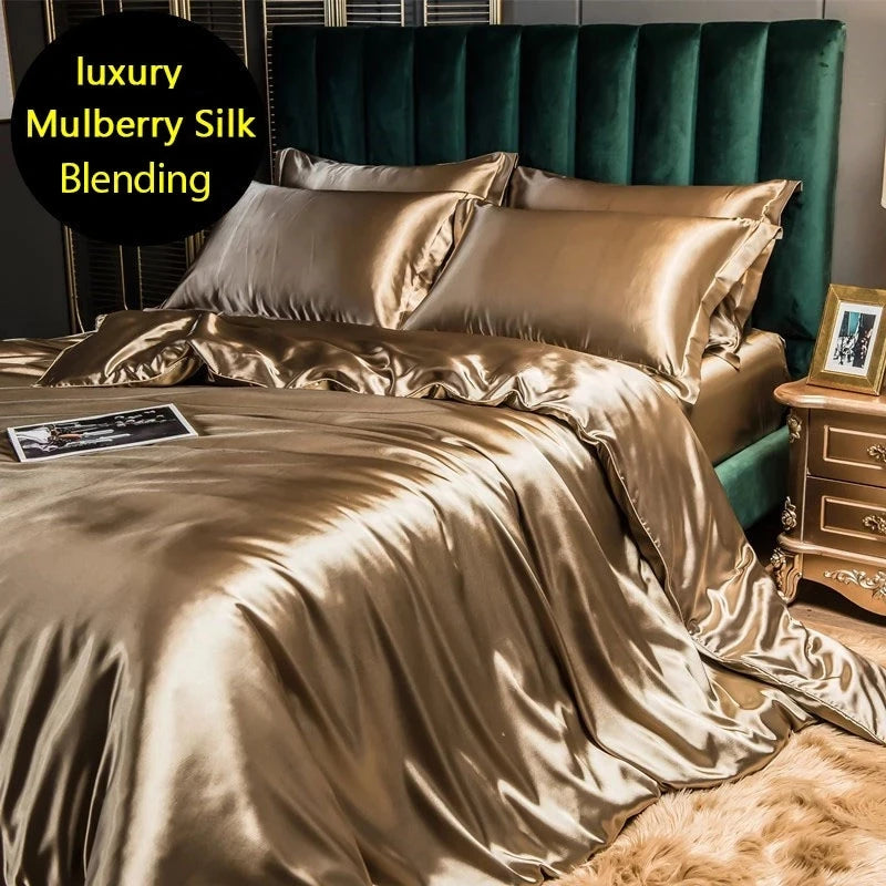 High-end Blending Natural Mulberry Silk Bedding Set Luxury Satin Silky Queen Size Duvet Cover Set with Sheets King Size Bed Set 