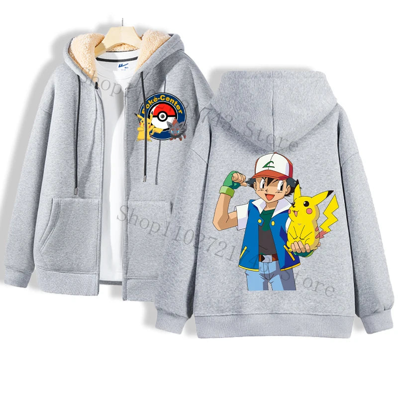 A gray hoodie from Jstoremart featuring a cozy lamb wool interior on a hanger. The front is adorned with a small Pokémon logo on the chest, while the back displays four cartoon characters, including Pikachu, each wearing themed hats above a large Pokémon logo.