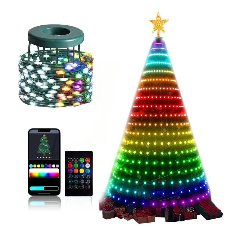 Smart RGB Christmas Tree Lights Fairy LED Star Strings Waterfall APP Bluetooth Music Rhythm Lights RGB LED Xmas Holiday Decor