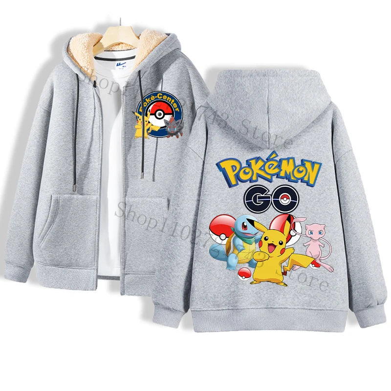 Experience the Jstoremart gray hoodie, expertly crafted from soft lamb wool with a windproof design. It features a Poké Ball on the front and a collage of Pikachu in various costumes on the back, where "Pokémon" is printed beneath the images. This cozy essential also includes two pockets and subtly reveals a white shirt underneath.