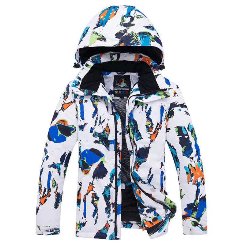 Introducing the Jstoremart boys' ski jacket: a dark camouflage hooded jacket with a striking white abstract pattern. This stylish piece is perfect for cold weather, featuring a front zipper and multiple pockets to keep essentials secure during outdoor activities or casual outings.