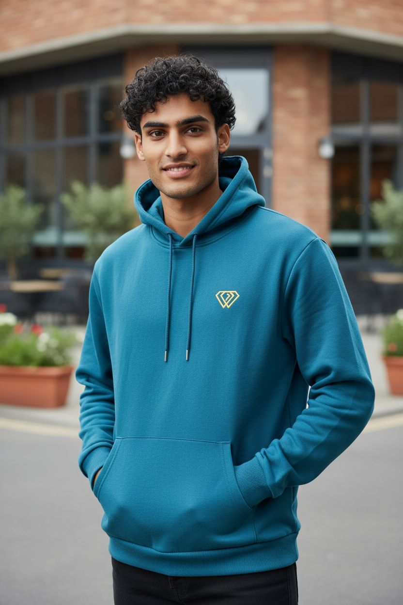 Petrol blue hoodie with a logo on a light blue background for winter and autumn