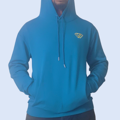 Petrol blue hoodie with a logo on a light blue background for winter and autumn