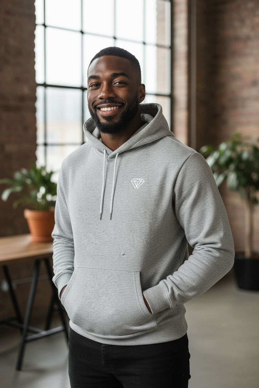 Petrol blue hoodie with a logo on a light blue background for winter and autumn