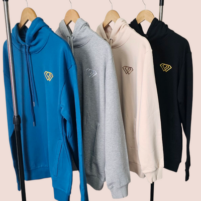 Flat-lay of a 100% cotton hoodie from J-Clothing, featuring  embroidered logo on the chest, ribbed cuffs and hem, an adjustable drawstring hood, and hidden side pockets.